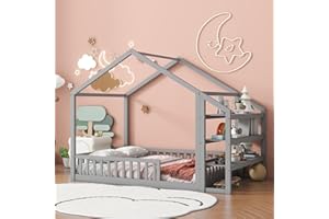 Aoowow Full Size Floor Bed Full House Bed Frame with Storage Shelves, Wooden Montessori Floor Bed Kids Playhouse with Fence for Boys Girls for Bedroom,Full-Grey
