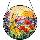 Stained Glass Window Hanging Sunrise Suncatcher, Renyalora 10 Inch Round Wildflower Glass Sun Catcher for Window Wall Art for Home, Patio, Porch, Outdoor Garden Décor Gift for Nature Lovers & Women