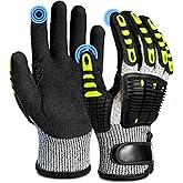 Impact Reducing Work Gloves for Men - ANSI Cut Level A5 with TPR Knuckle Guards &amp; Shock Absorption, Nitrile Coated Palm for Maximum Grip, Heavy Duty for Construction, Warehouse, Auto Repair (L)