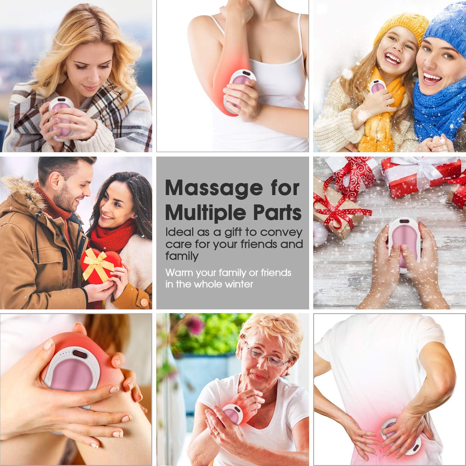 Electric Hand Warmer, 3 IN 1 USB Rechargeable Hand Warmer 6000mAh Power Bank Hand Warmer with Vibration Massage, LED Flashlight and Visible LCD Play, Great for Outdoor Sport, Winter Gifts- Rose Gold