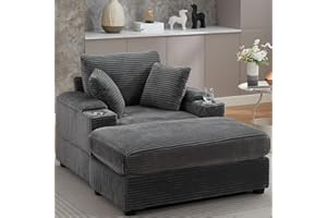 ODUWA Oversized Corduroy Chaise Lounge Chair Indoor with Storage and Ottoman, Sleeper Chair with Cup Holder, Deep Seat Upholstered Sofa Bed,Chairs for Living Room, Bedroom, Office Beige