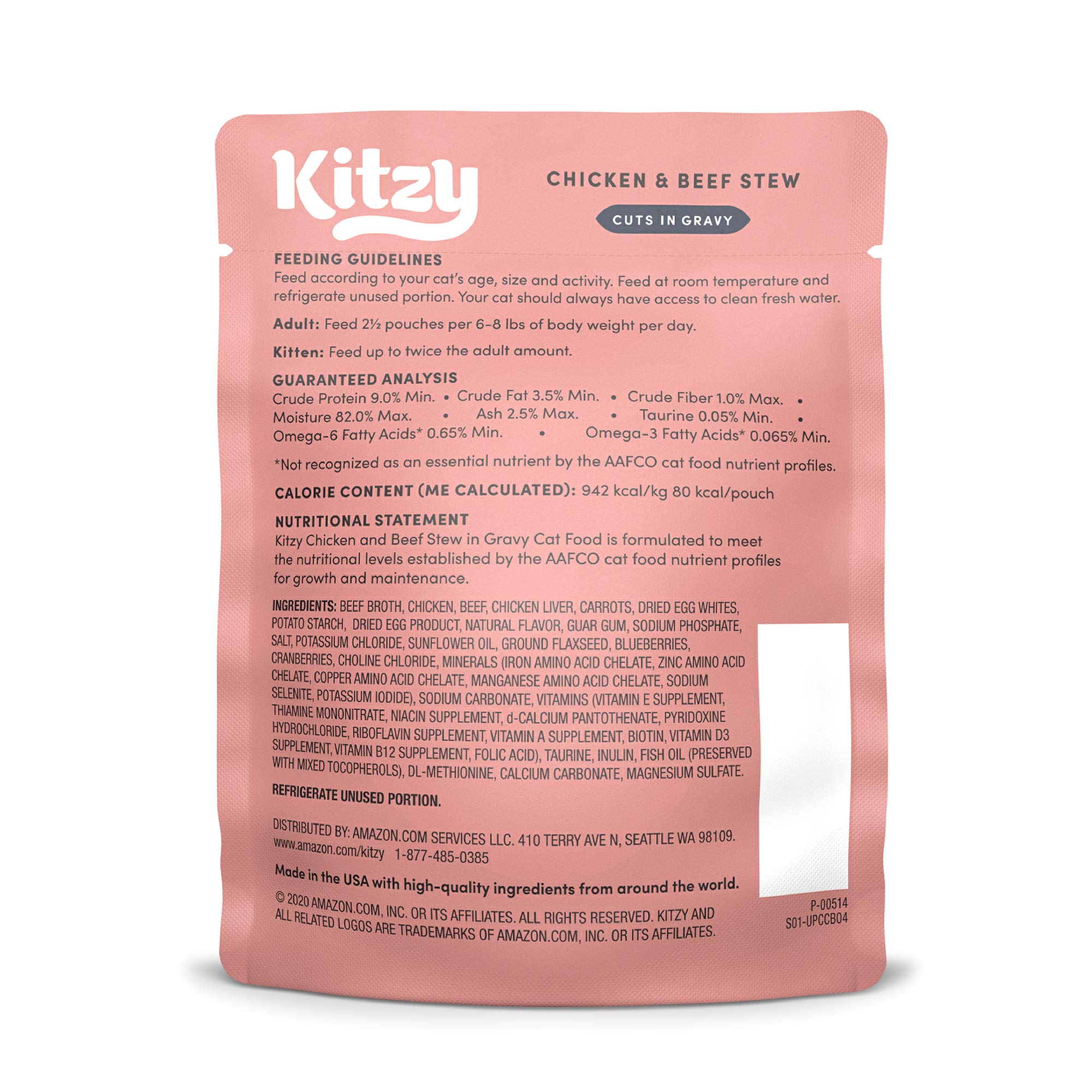 Amazon Brand Kitzy Wet Cat Food, Chicken & Beef cuts in gravy, Grain