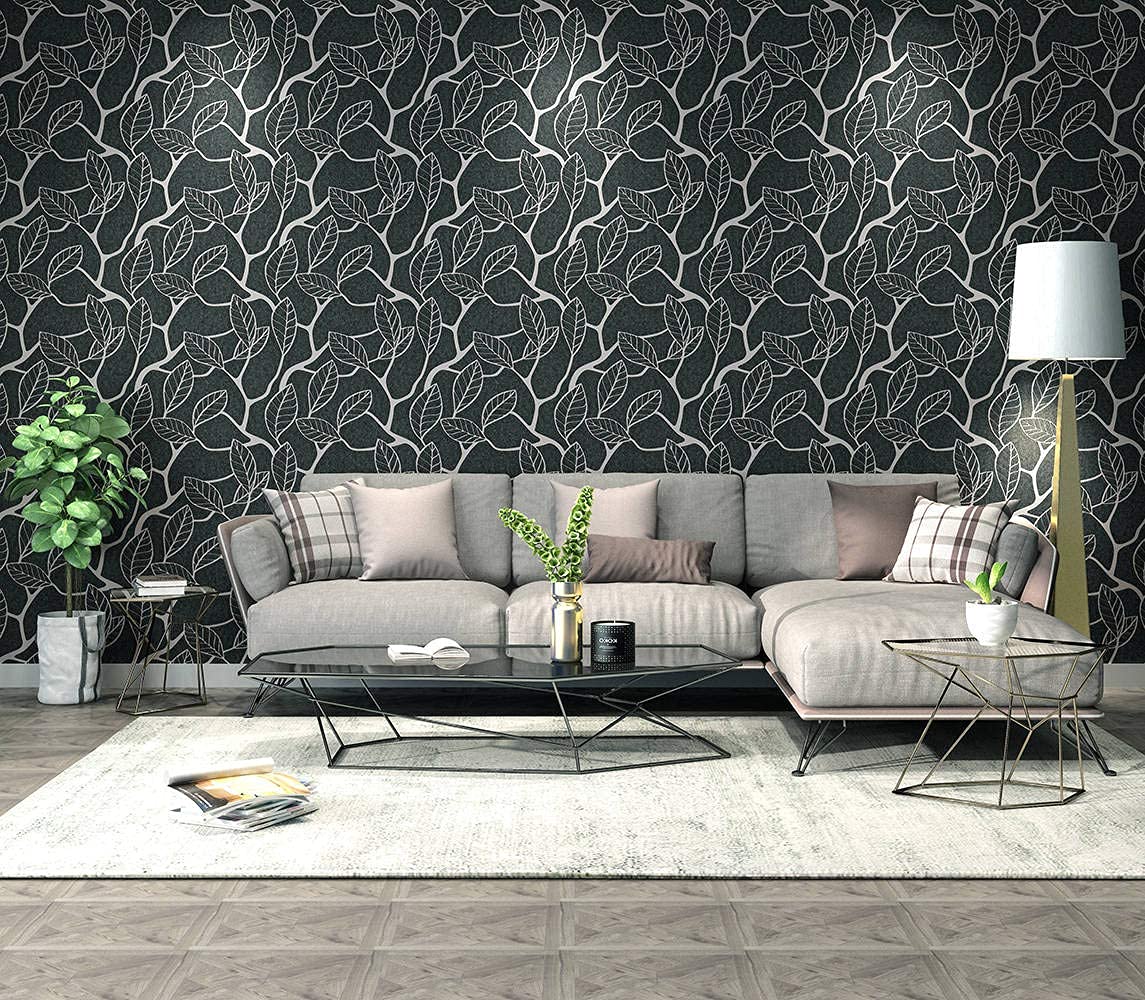 BUVU Wallpaper 0.53 x 10 m Vinyl Flower Wallpaper, Floral Leaves Design, Floral Decor, Modern Design, Loft Style, Washable, Black