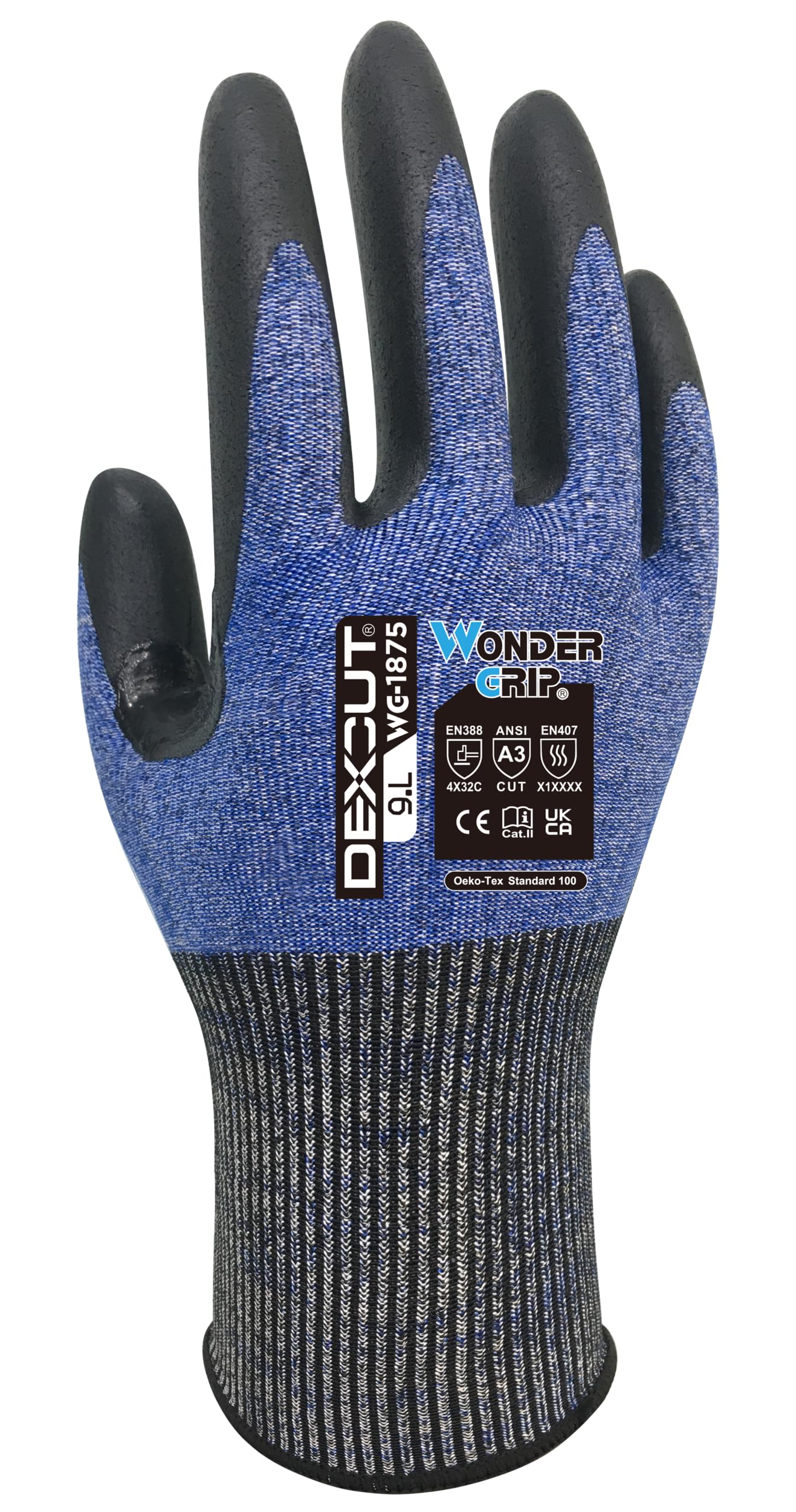 Wondergrip - Dexcut - WG-1875 Safety Gloves - Single Nitrile Coating - Cut Level C/ANSI A3 - Heat Resistant - Touchscreen Compatible - High Grip & Reinforced Thumb Crotch - Blue - X Large