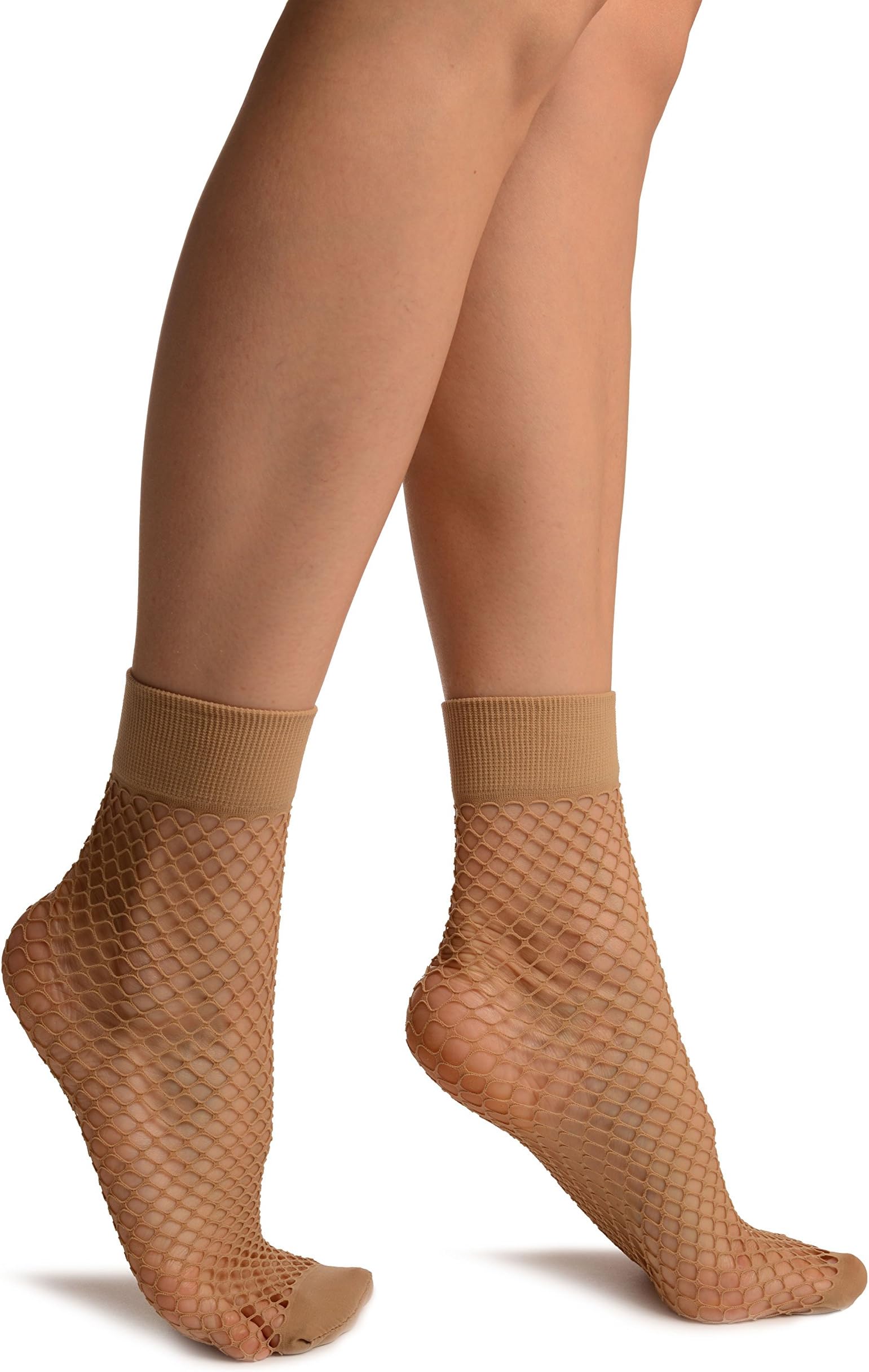Beige Fishnet With Wide Top & Opaque Toe Ankle High Socks - Beige Ankle High Socks