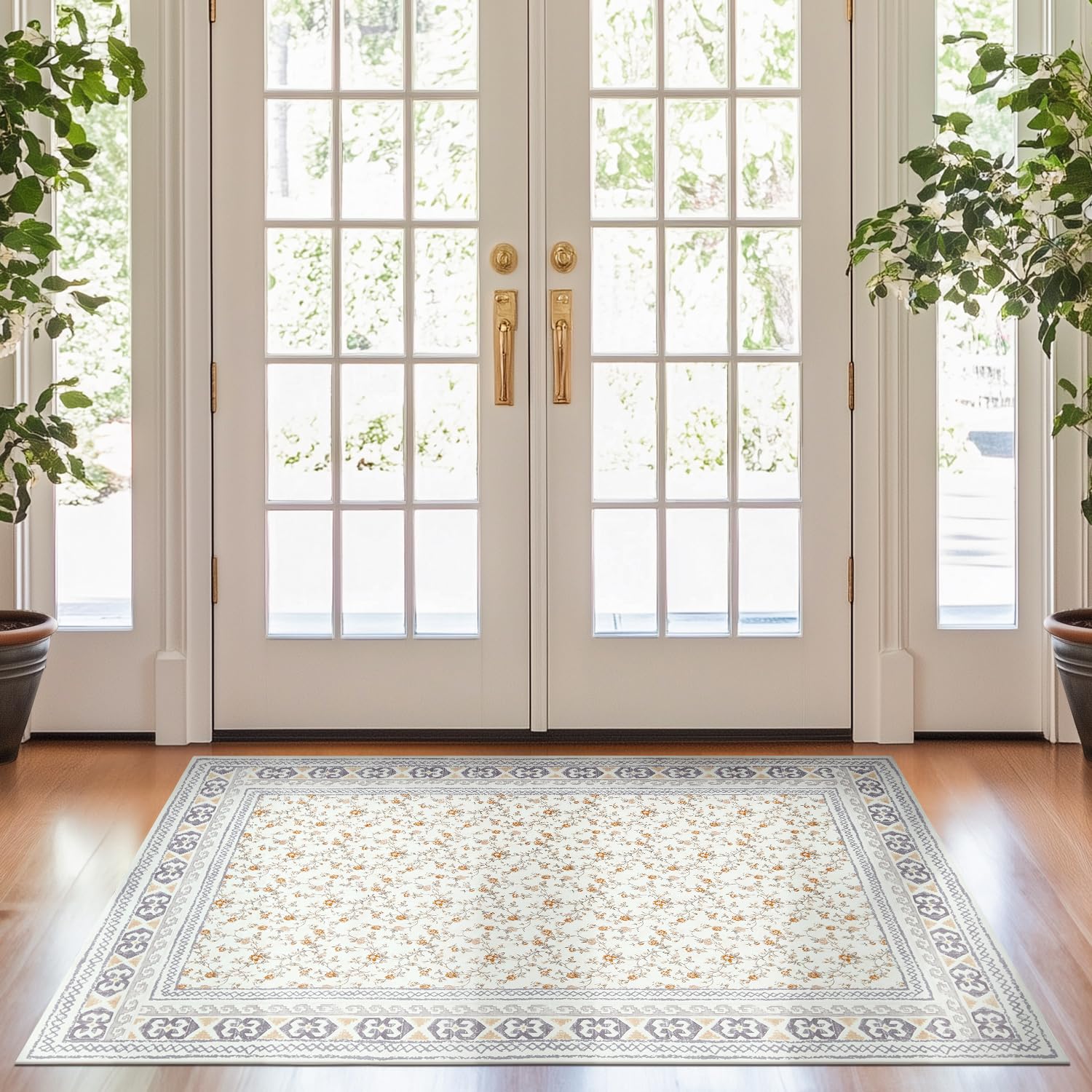jinchan Area Rug 3x5 Entryway Rug - Floral Doormat Machine Washable Low Pile Boho Vintage Thin Throw Non-Slip Non-Shedding Carpet for Bathroom, Kitchen, Front Door, Yellow Grey