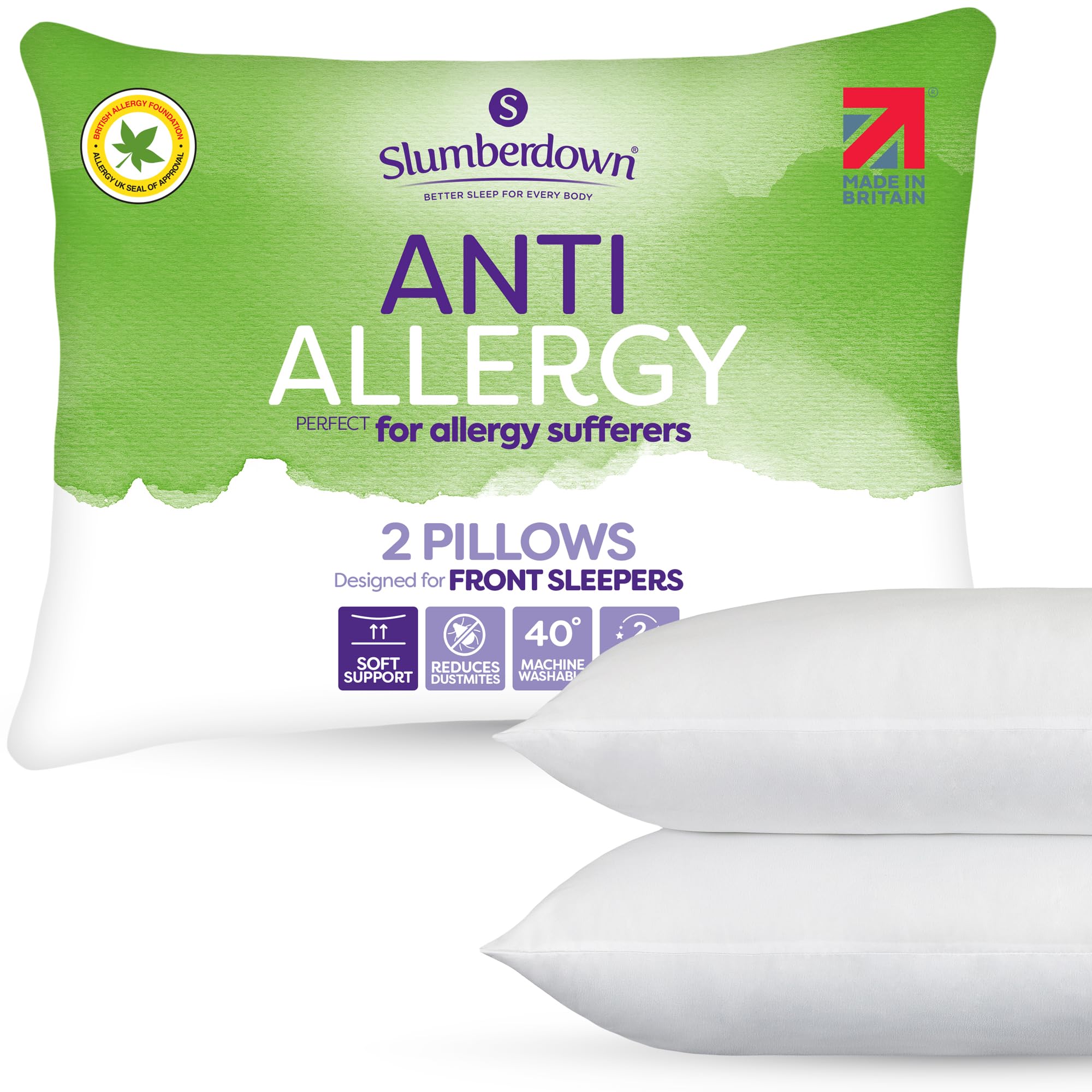Slumberdown Anti Allergy Pillows 2 Pack - Allergy UK Approved Front Sleeper Soft Pillows for Allergy Sufferers | Anti Bacterial Soft Touch Cover, UK-Made & Washable (48 x 74cm)
