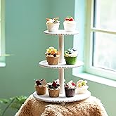 GENMOUS 3 Tier Beaded Cupcake Stand for Farmhouse Wedding Decor, Rustic Wood Cupcake Tower Holder for 24 Cupcakes, White Thre