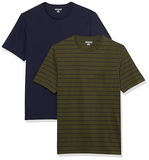 Amazon Essentials Men's T-Shirts, Short-Sleeve Crewneck Pocket, Cotton, 2-Pack, Small, Navy/Olive/Stripe