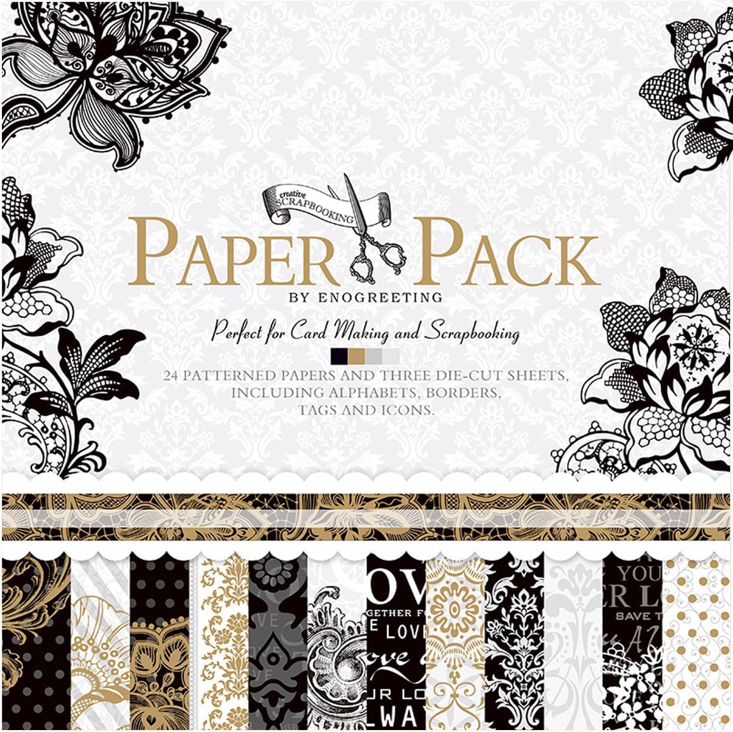 12”x12”Vintage Scrapbook Paper Pad - 27 Sheets Gold Foil Black Butterfly Origami Decoupage Patterned Kit Supplies for Art Journaling Wrapping Card Making Crafting Gift Photo Album