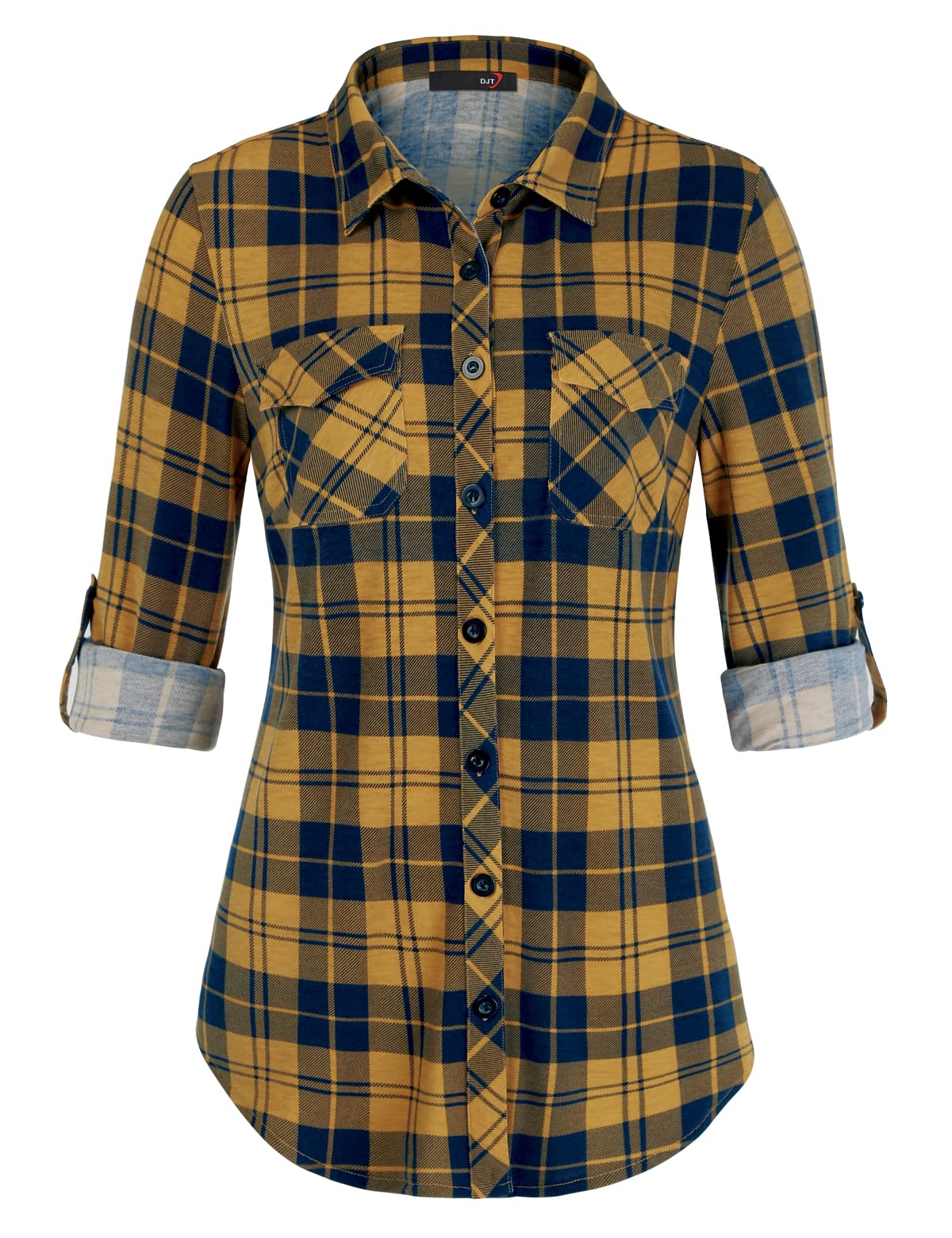 DJT Womens Soft Stretchy Knit Plaid Shirts Roll Up Long Sleeve Collared Button Down Blouses Tops Medium Yellow Navy Plaid Image
