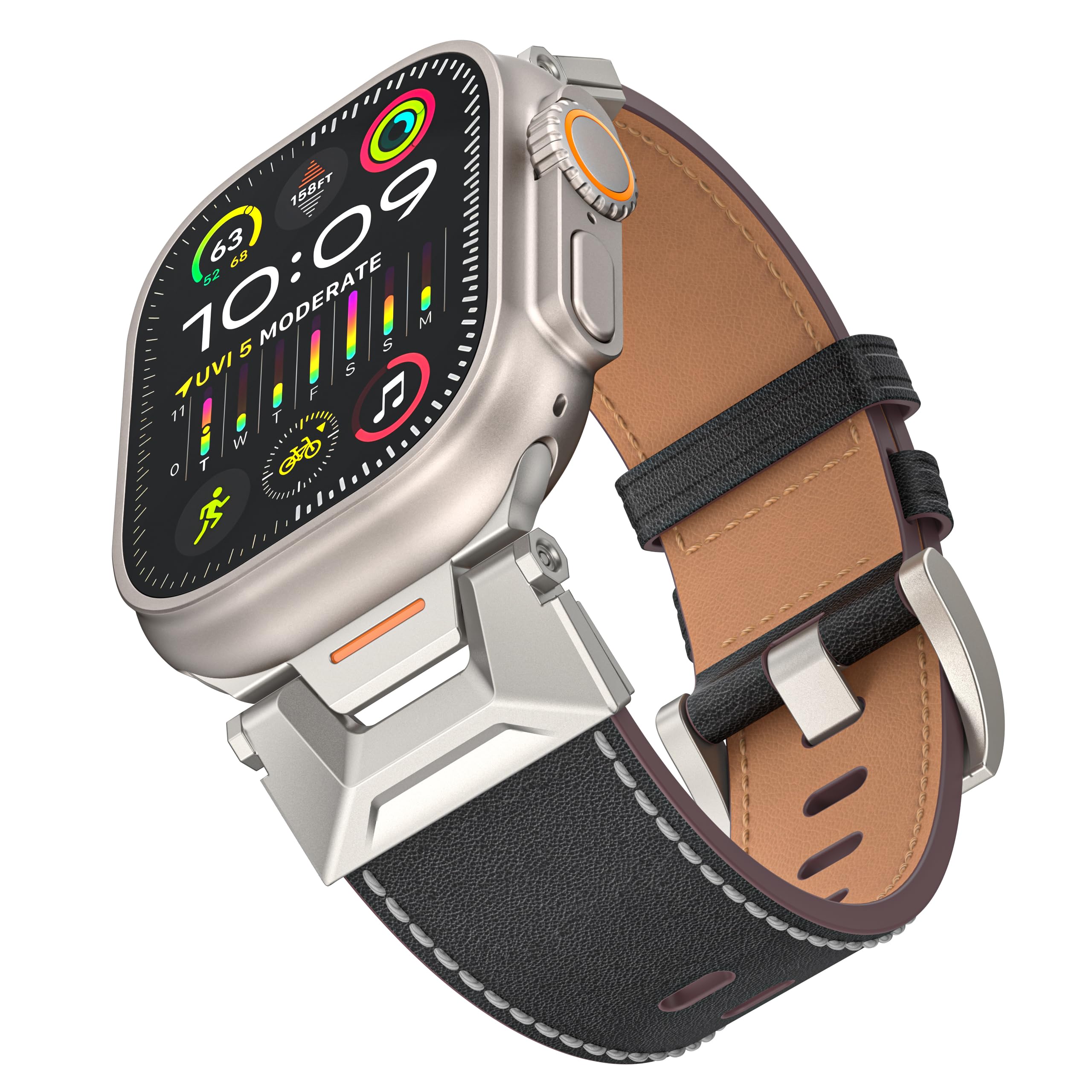 KONAFEI Compatible with Apple Watch Strap Ultra 2/1 49 mm 45 mm 44 mm 42 mm, for iWatch Series 9/8/7/SE2/6/5/4/3/2/1 Leather Replacement Strap Robust Bracelets, black