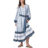 D-Sun Women Boho Maxi Dress Floral Puff Long Sleeves V Neck Tiered A-Line Flowy Long Printed Bohemian Dress with Belt Pocket