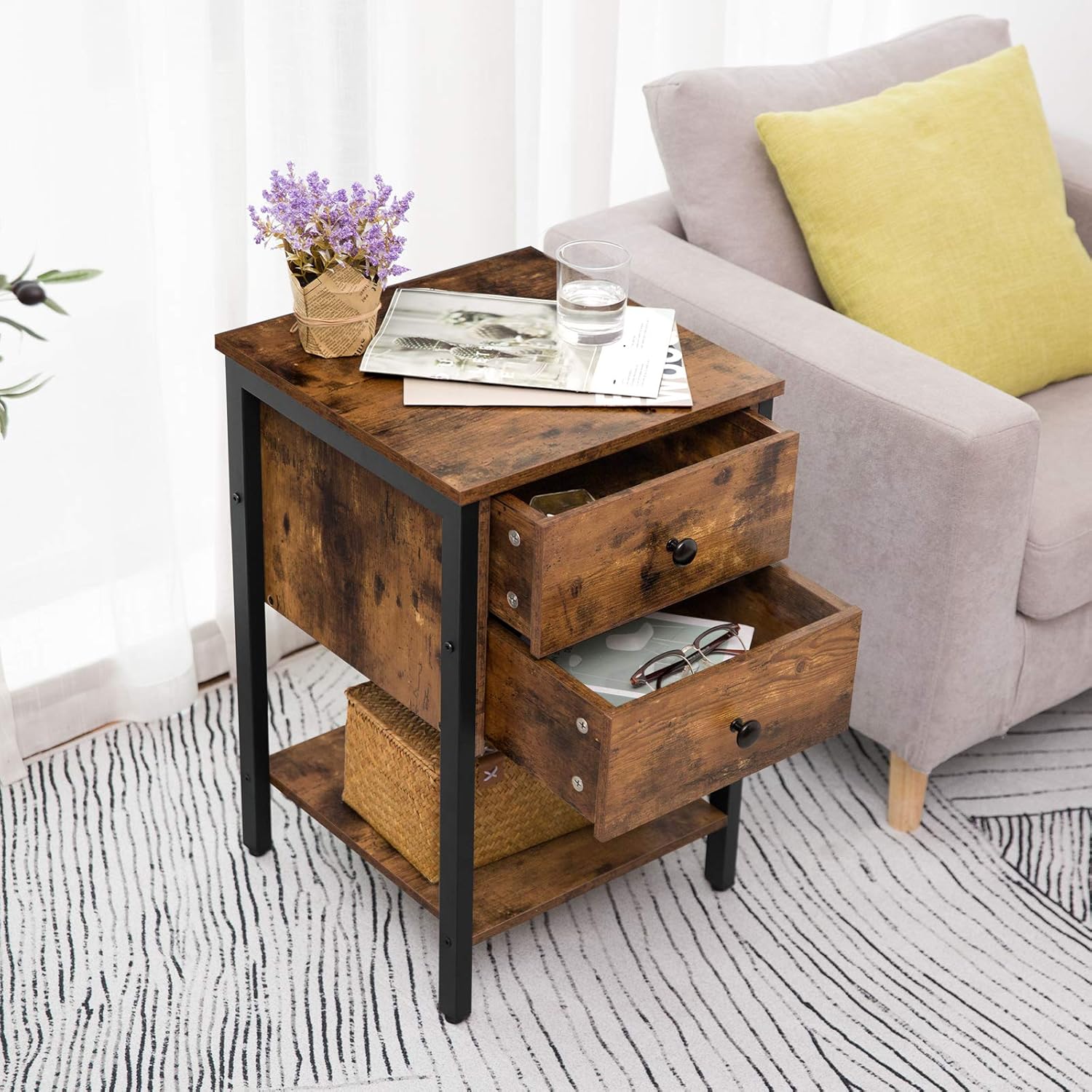 HOOBRO Nightstand with 2 Drawers and Open Shelf, Industrial Square End Table for Storage, Bedside Table in Living Room, Bedroom, Easy Assembly, Wooden Look with Metal Frame, Rustic Brown BF47BZ01: Home & Kitchen
