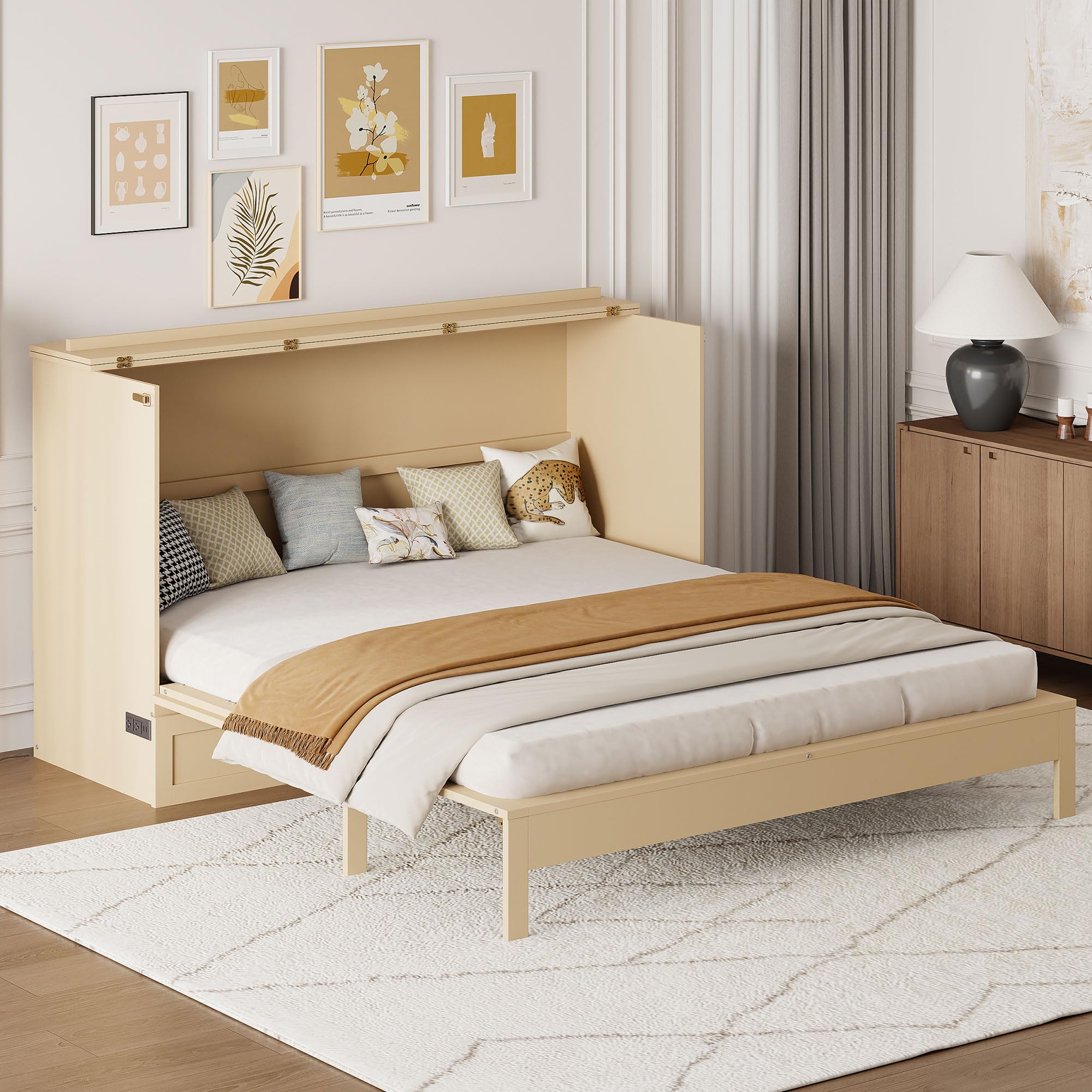 Photo 1 of *ONLY BOX 2 OF 2* Ball & Cast Murphy Bed Queen Size Bedroom Folding Wall Cabinets Frame with Large Drawer and USB Ports,Hideaway Bed w/Tri-Fold Mattress Design,for Guest Room,Study,Office,Gold