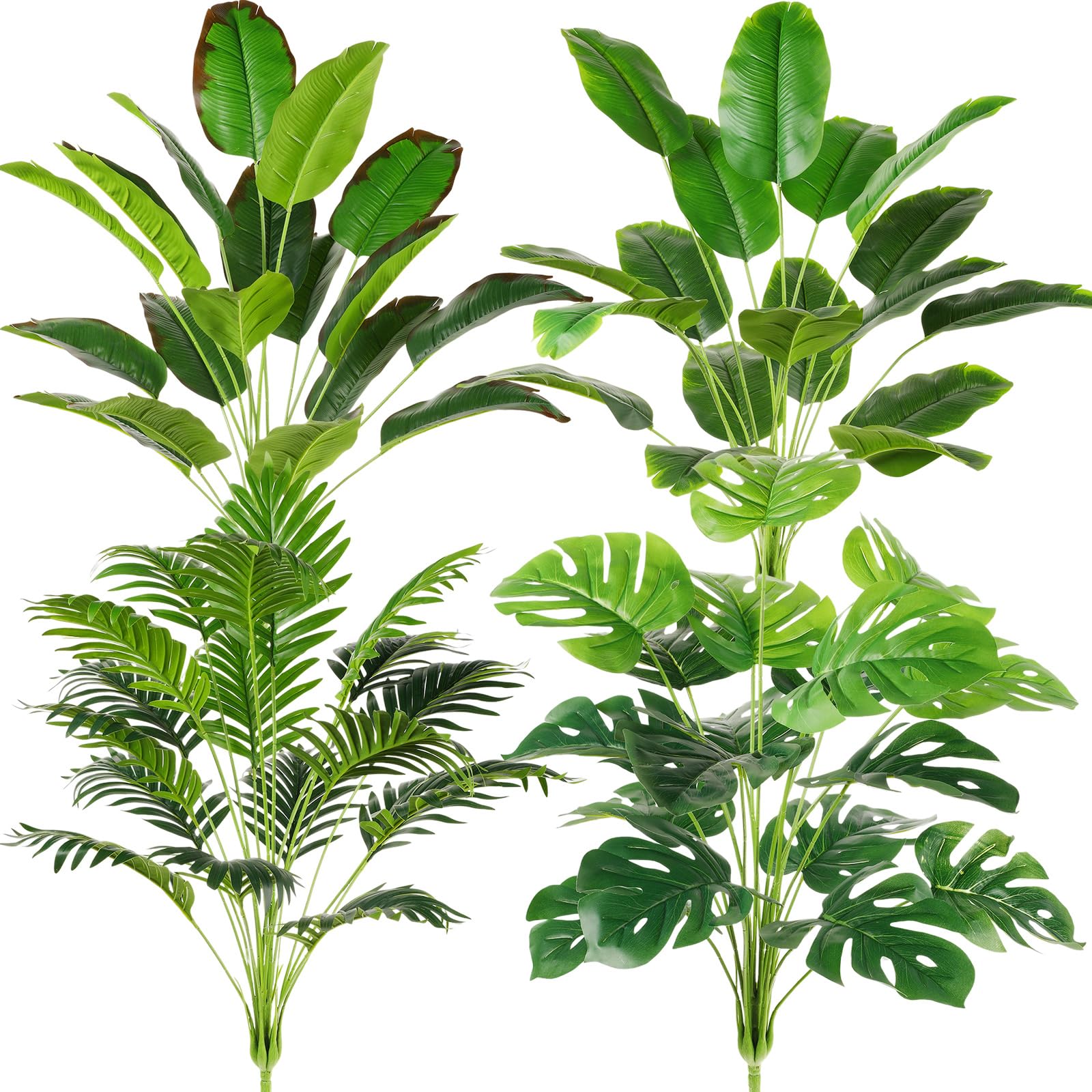Photo 1 of Yunlly 4 Pcs Fake Plants Tall Artificial Faux Plants Indoor for Home Decor 32 Inch Tropical Artificial Palm Tree, Banana Leaves Tree, Monstera, Taro Leaves for Office Outdoor(Classic)