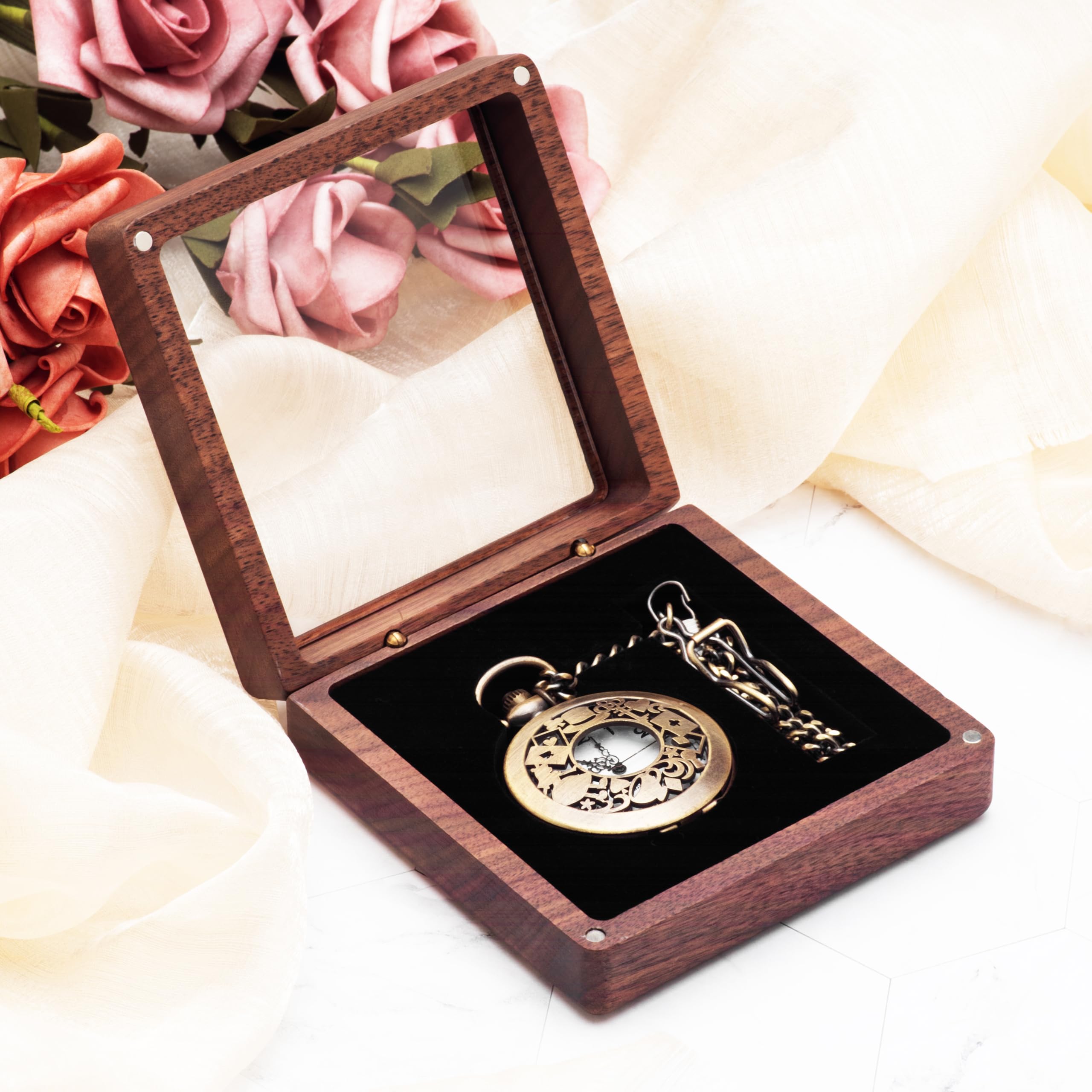 COSISO COSISO Walnut Wood Pocket Watch Box with Clear Acrylic Lid Portable Single Pocket Watch Display Storage Travel Case Organizer for Men Women (Contain Chain Clamp Slot)