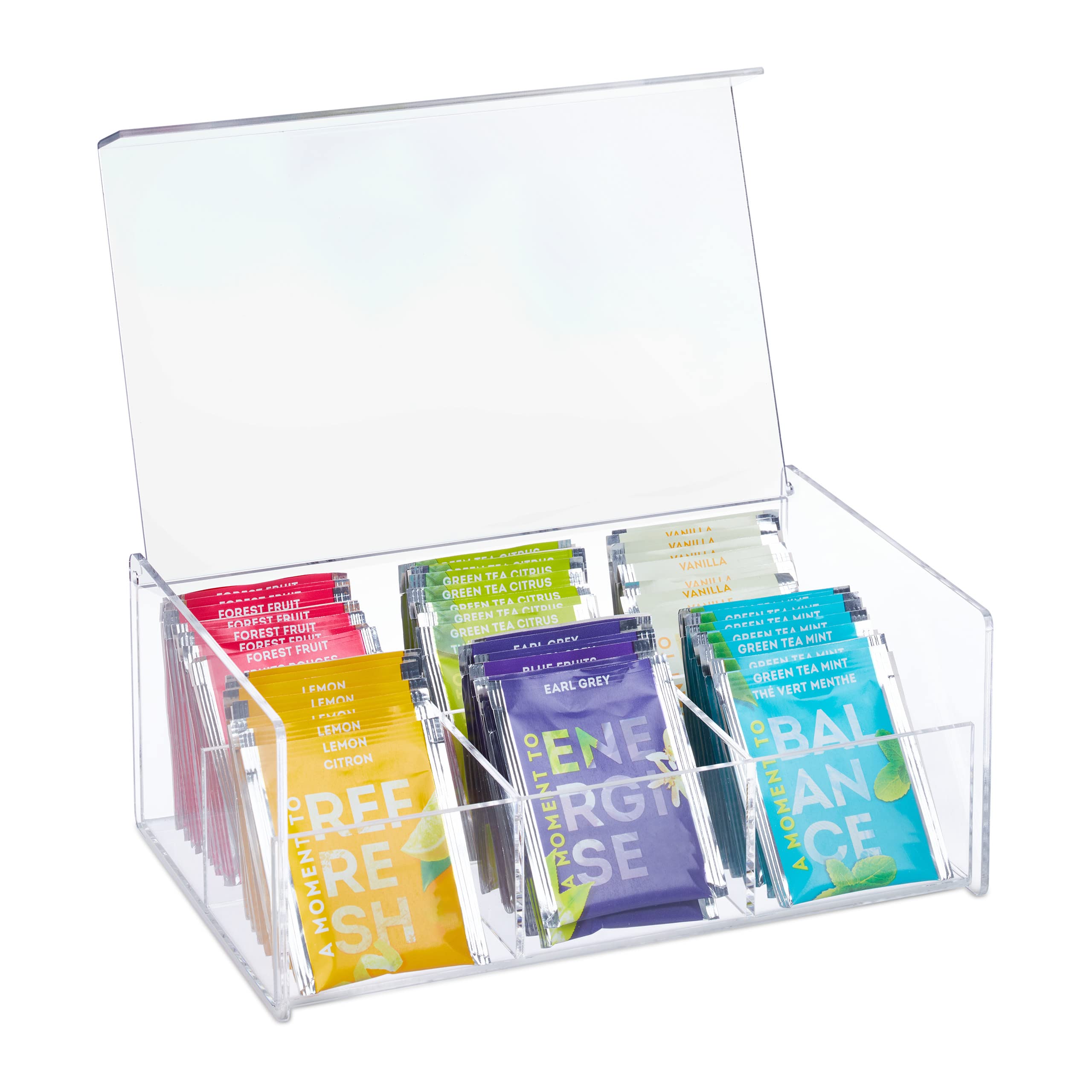 Relaxdays Tea Box, 6 Compartments, Organiser Chest, H x W x D: 9 x 22 x 14.5 cm, Acrylic, Transparent