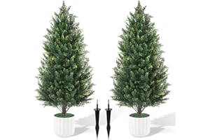 GLADEUP 3FT Artificial Cedar Topiary Trees Set of 2 Detachable Planter & Spike,UV Resistant Faux Plants Outdoor and Indoor,Realistic Fake Bushes Pine Tree for Front Porch Decor Patio Offices Living Room