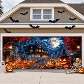 Wesogiha 7x16ft Halloween Garage Door Cover | Polyester Fabric, 16 Metal Grommets & Rope, Graveyard Skull Design, for Double Garage/Party/Window/Yard