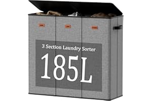 Fuonsyn 185L Laundry Hamper 3 Section with Lid, Grey Hamper 3 Compartment with 3 Removable Laundry Bags, Large Laundry Basket