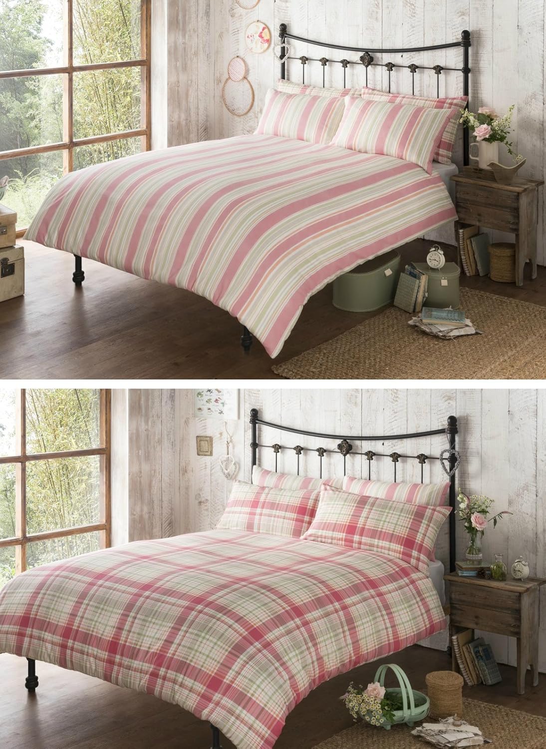Coloroll Pink/Green Summer Check Two Pack King Size Duvet Bedding Set
