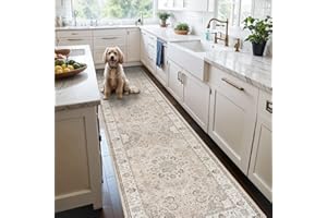 HY HAO YUN LAI Hallway Washable Runner Rug - 2'6x12 Kitchen Rugs Entryway Rug Runner Vintage Soft Floor Mat Non Slip Indoor Farmhouse Carpet for Bathroom Living Room Bedroom (2'6''x12', Beige)