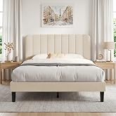 VECELO Queen Size Bed Frame with Upholstered Headboard, Velvet Platform Bedframe Mattress Foundation, Strong Wood Slat Support, No Box Spring Needed,Bone Beige
