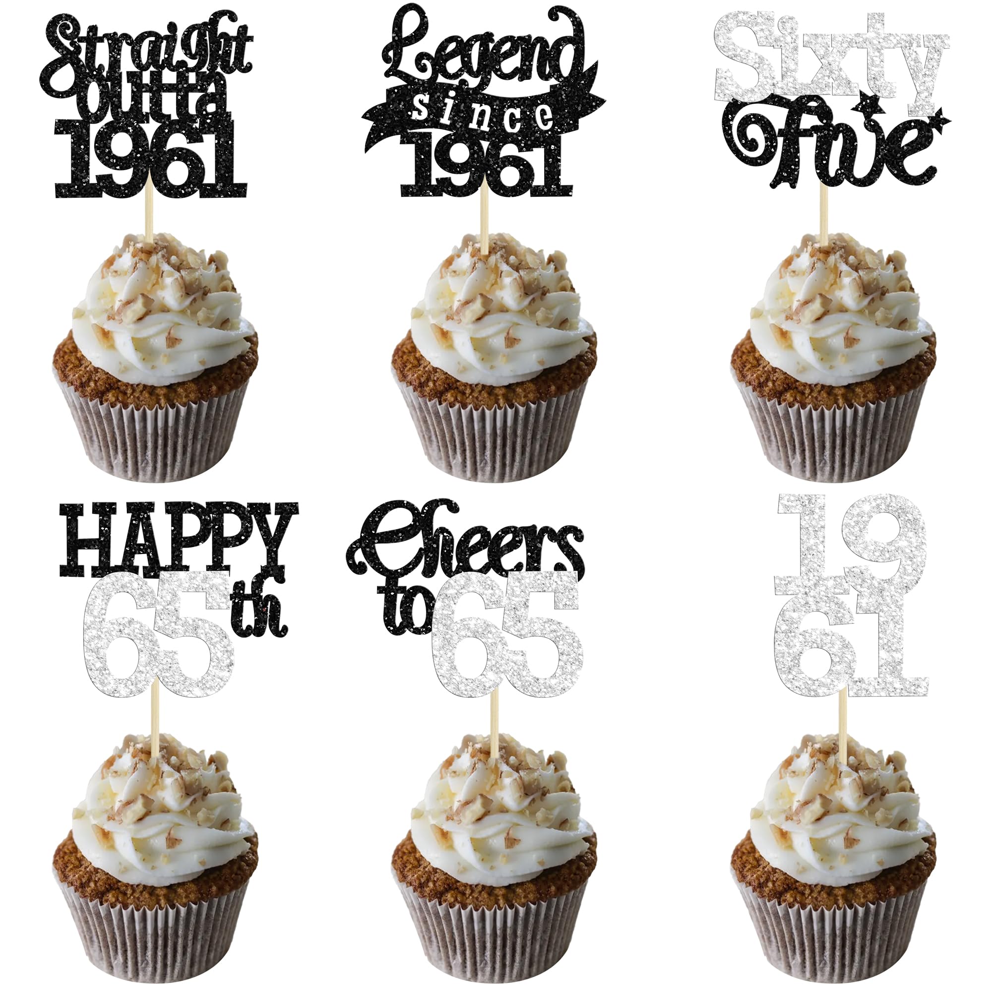 Gyufise 24Pcs Happy 65th Birthday Cupcake Toppers Hello Sixty Five Legend Since 1961 Cupcake Picks Cheers to 65 Years Cake Decorations for 65th Birthday Anniversary Party Supplies Black Silver