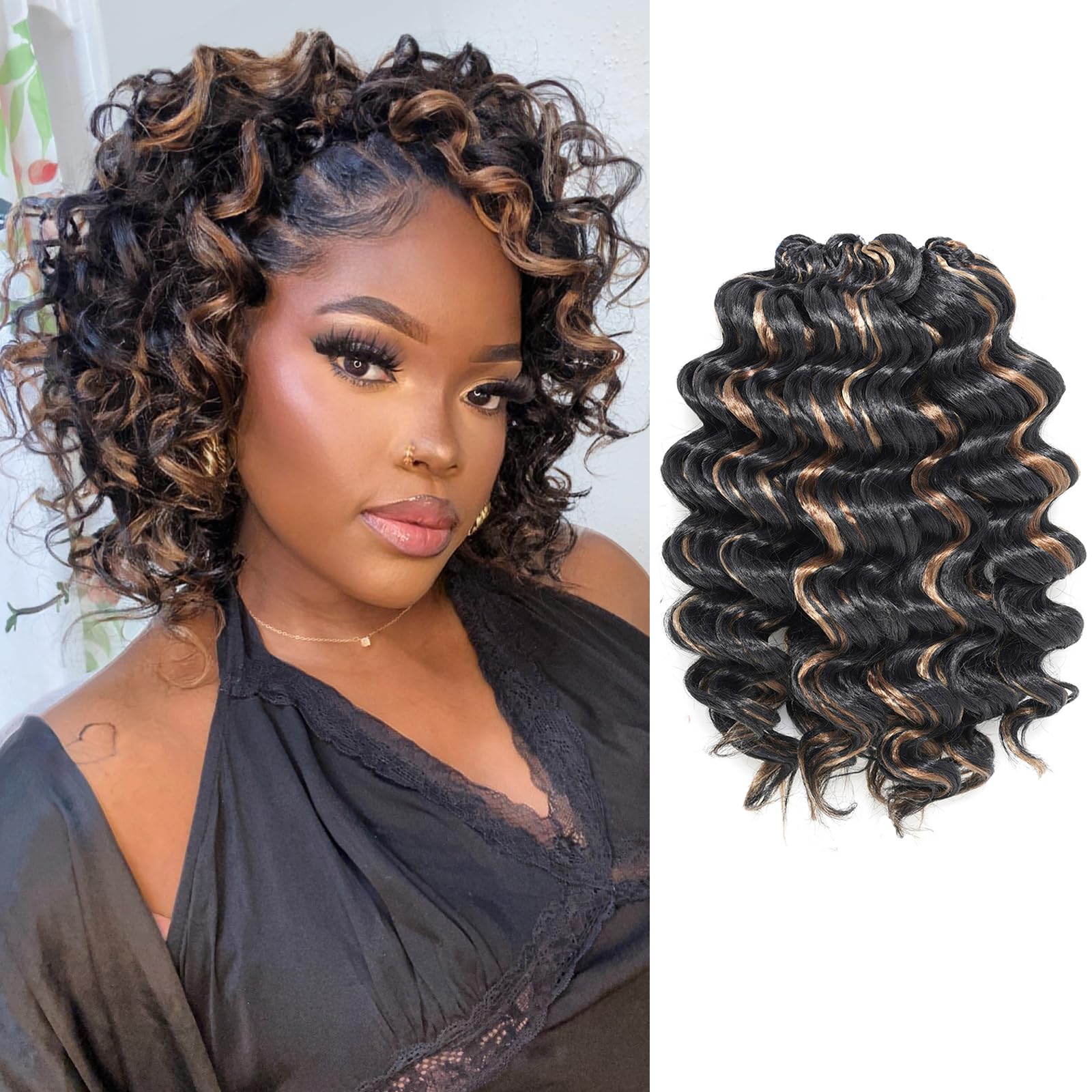 Toyotress Beach Curl Crochet Hair Extensions, 12 Inch, 8 Packs, Black Brown & Blonde, Ombre, Short Curly Water Wave Style (P1B/30/27, 12 inches)