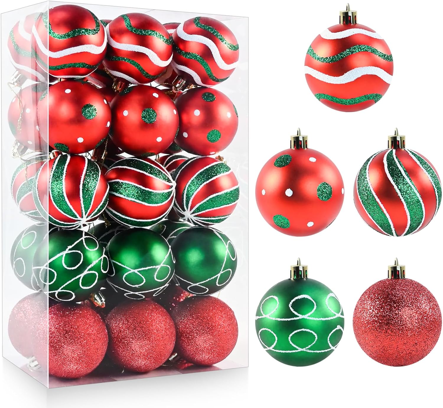 Ornaments - 30 PCS Christmas Balls Ornaments, Red Green White Christmas Balls Ornaments for Christmas Tree, 2.36