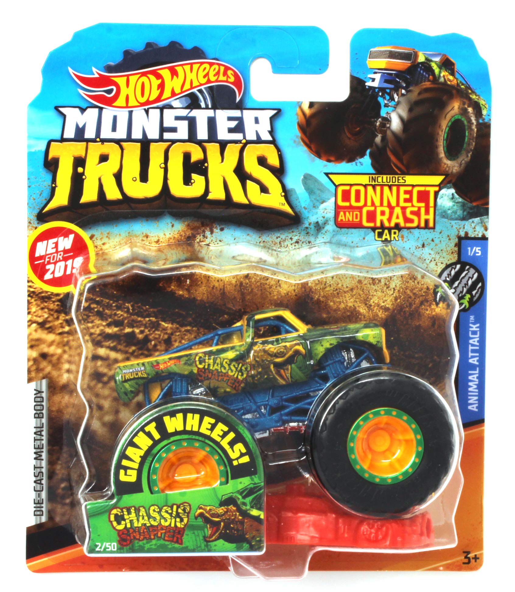 Hot Wheels Monster Trucks Chassis Snapper Animal Attack 1/5 with Connect and Crash Car