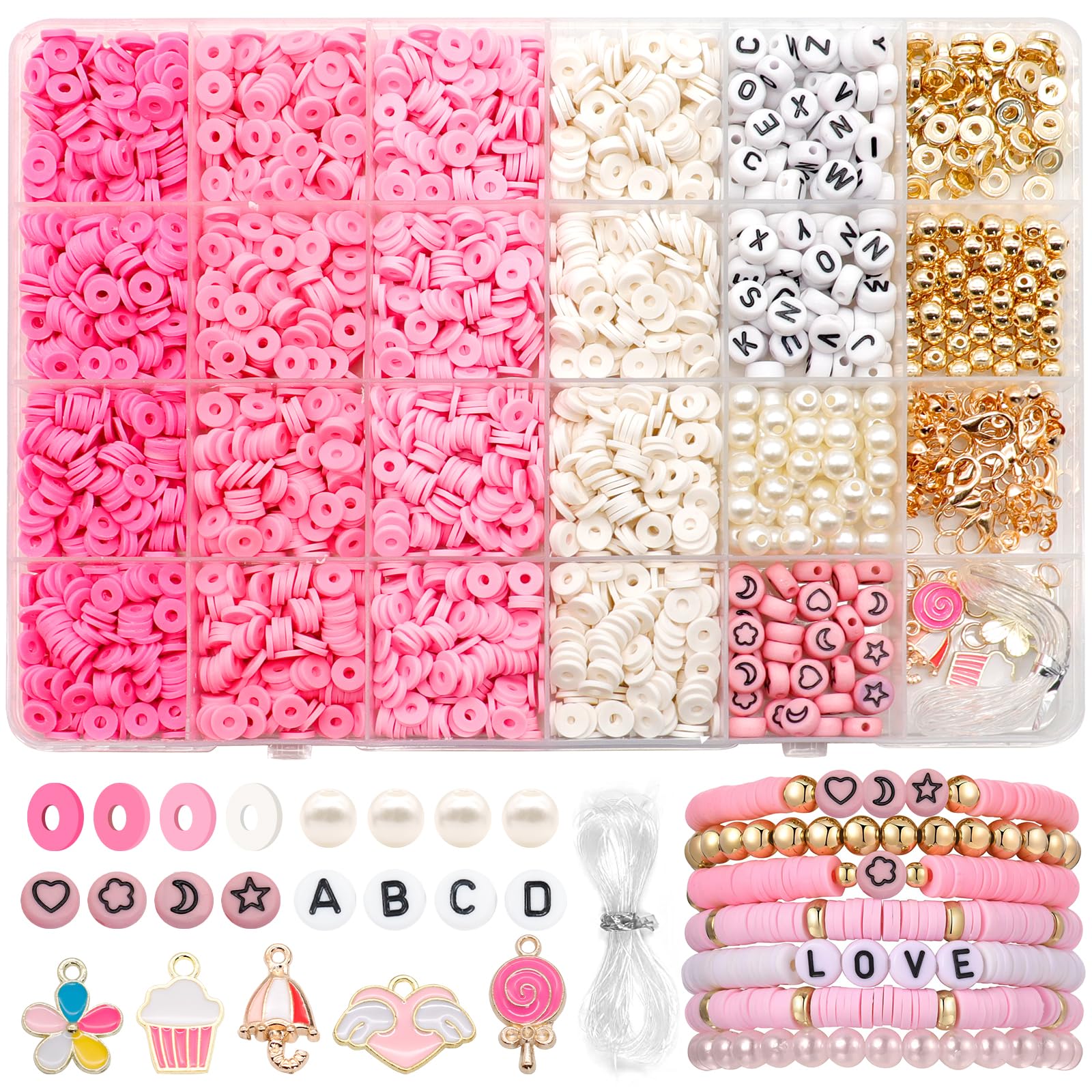 Dotilili 3164 Pcs Pink Clay Beads Bracelet Making Kit, Flat Round Polymer Clay Bead Friendship Kit with Letter Beads Charms 6mm Heishi Bead Jewelry Making Kits for Crafts Necklace Girls Gift