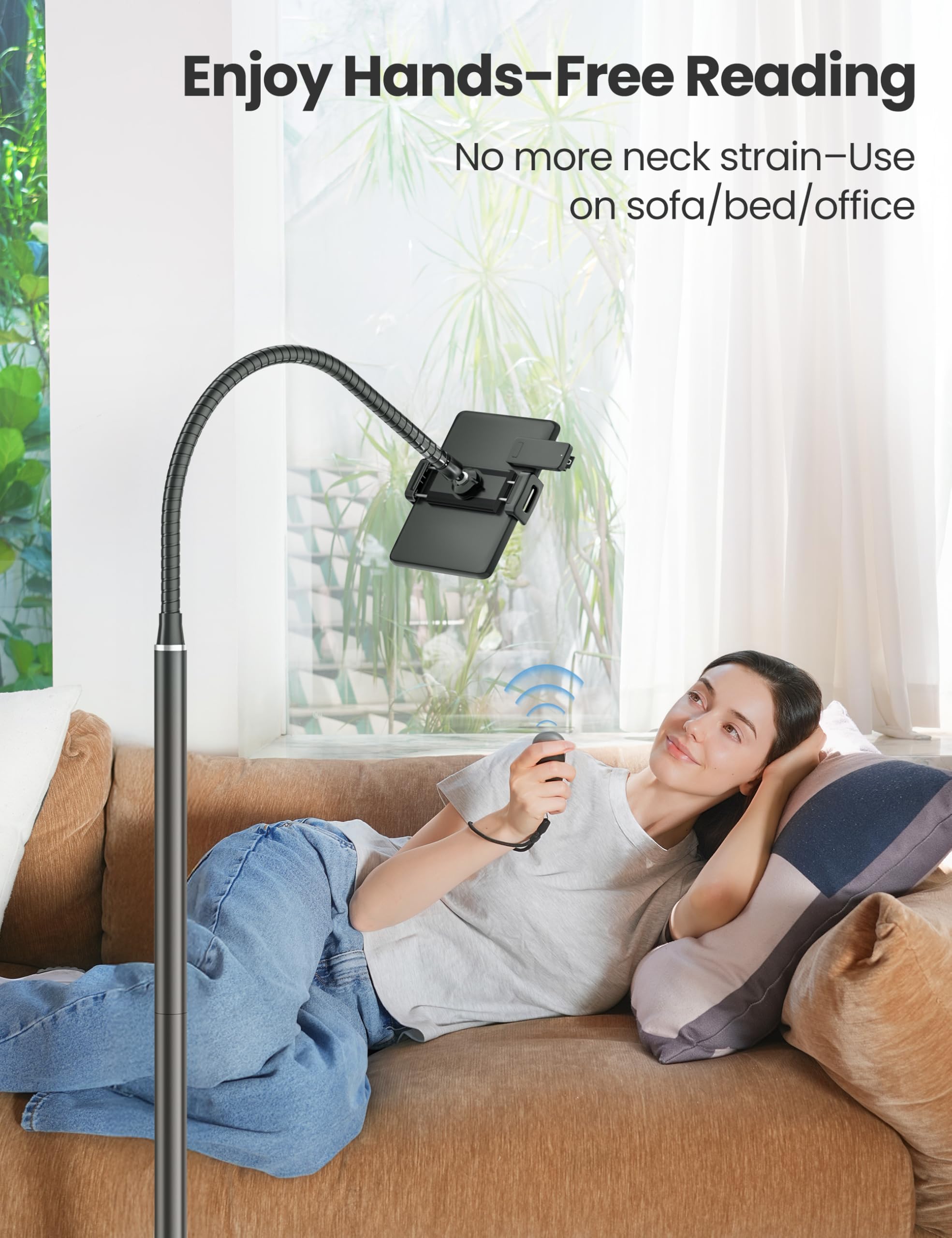 Kindle Stand Floor with Remote Page Turner for Reading in Bed, Tablet Stand Holder with Adjustable Gooseneck, Compatible with Kindle Accessories/Paperwhite, Hands Free Use Gifts for Readers