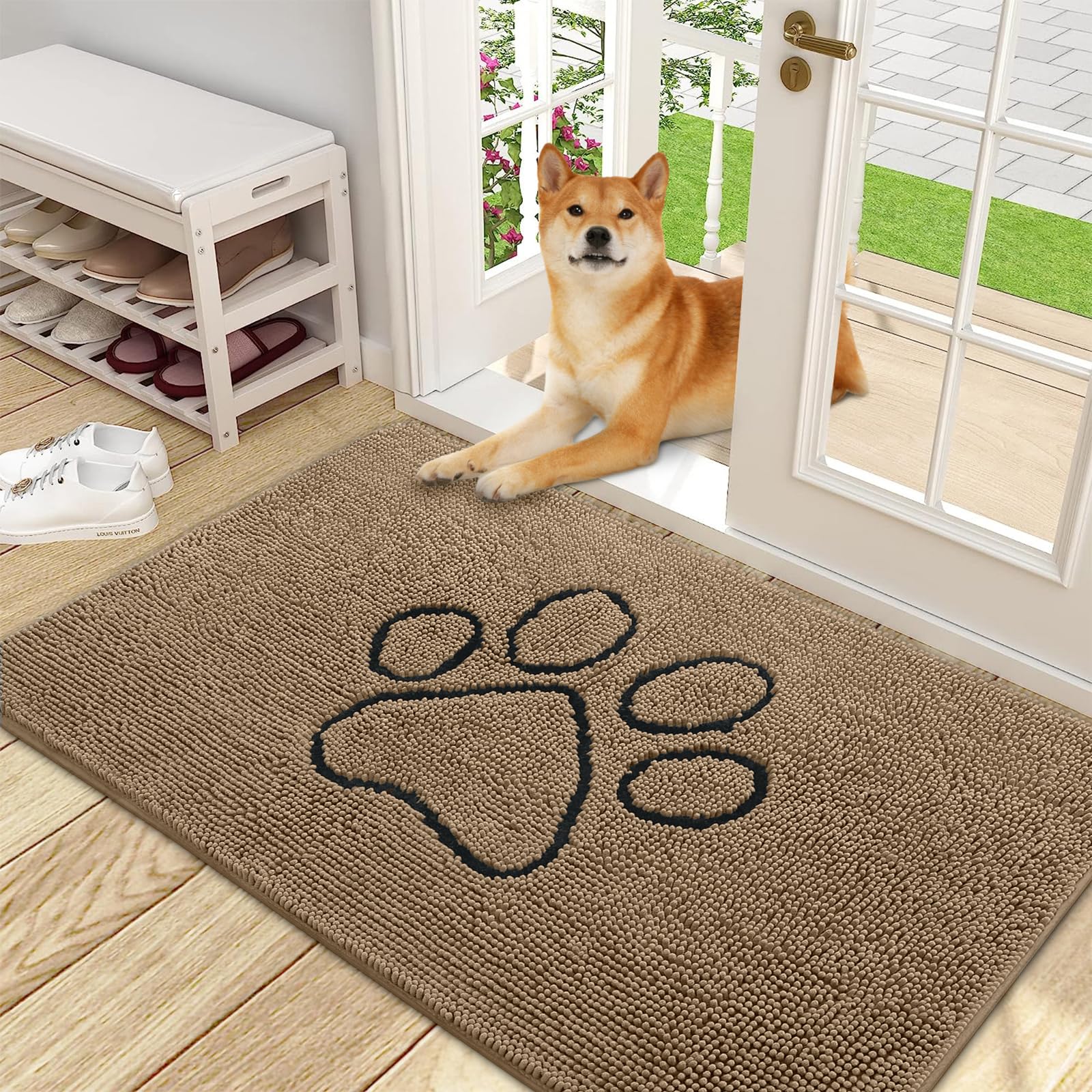 OLANLY Dog Door Mat for Muddy Paws 48x30, Paw Print Design, Absorbs Moisture and Dirt, Absorbent Non-Slip Washable Doormat, Quick Dry Chenille Mud Mat for Dogs, Entry Indoor Entryway Carpet, Tan Image