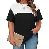 Cakrisyal Womens Plus Size Short Sleeve Color Block Pullover Tunic Tops Summer Casual Crewneck Side Split T Shirts