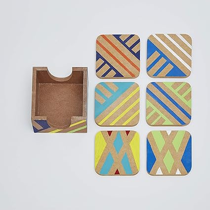 Mati Ke Laal Self Design Hand Painted Coasters Set of 6 Along with Stand -Coasters for Coffee Table Dining Table Tea Coaster Set for Office Drink Coasters Bar Accessories