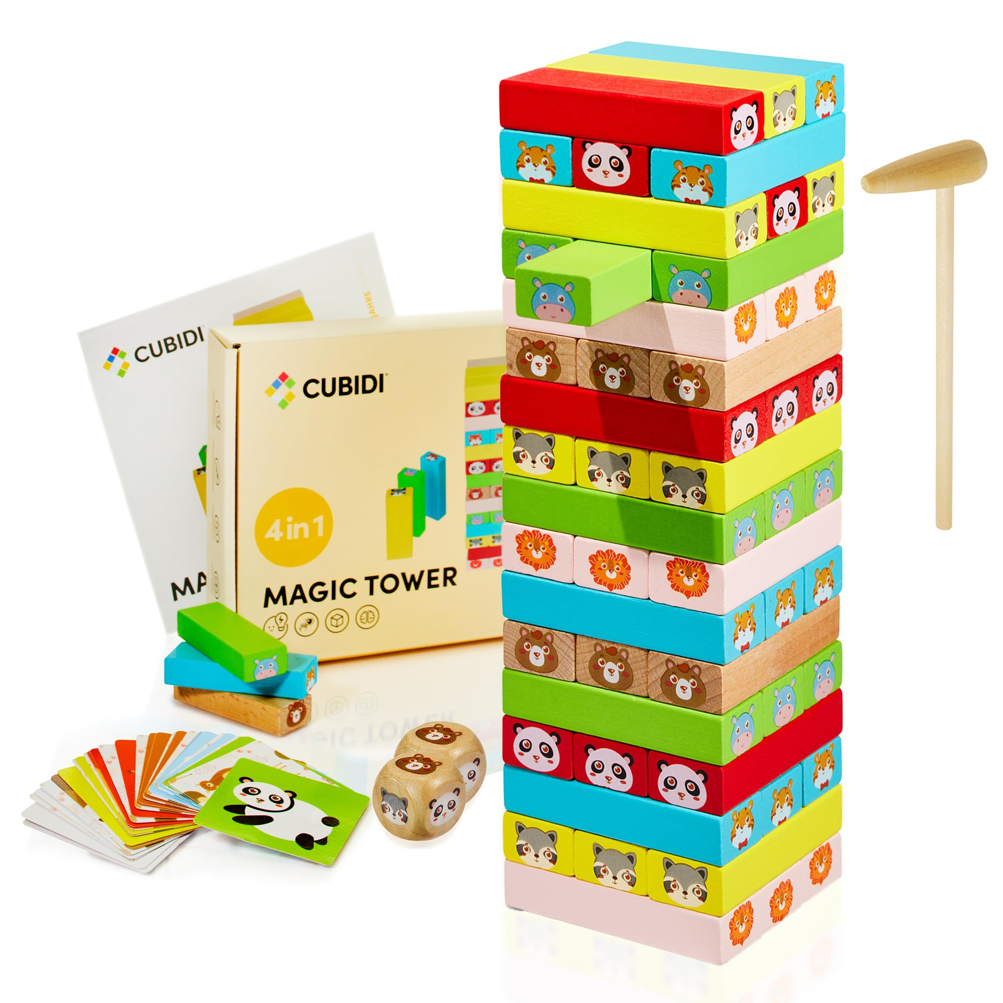 CUBIDI® Wooden Stacking Tower - Tumble Tower - Cute Wobbling Tower for children from 3 years old - Promotes development and motor skills of toddlers - Skill game for children and adults