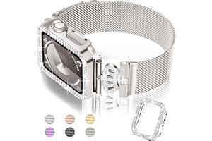 Newlibery Magnetic Band with Bling Case Women Compatible with Apple Watch 40mm Crown Stainless Steel Strap Dressy Milanese Loop Protective Cover for iWatch Series 9/8/7/6/5/4/3/2/1/SE Starlight