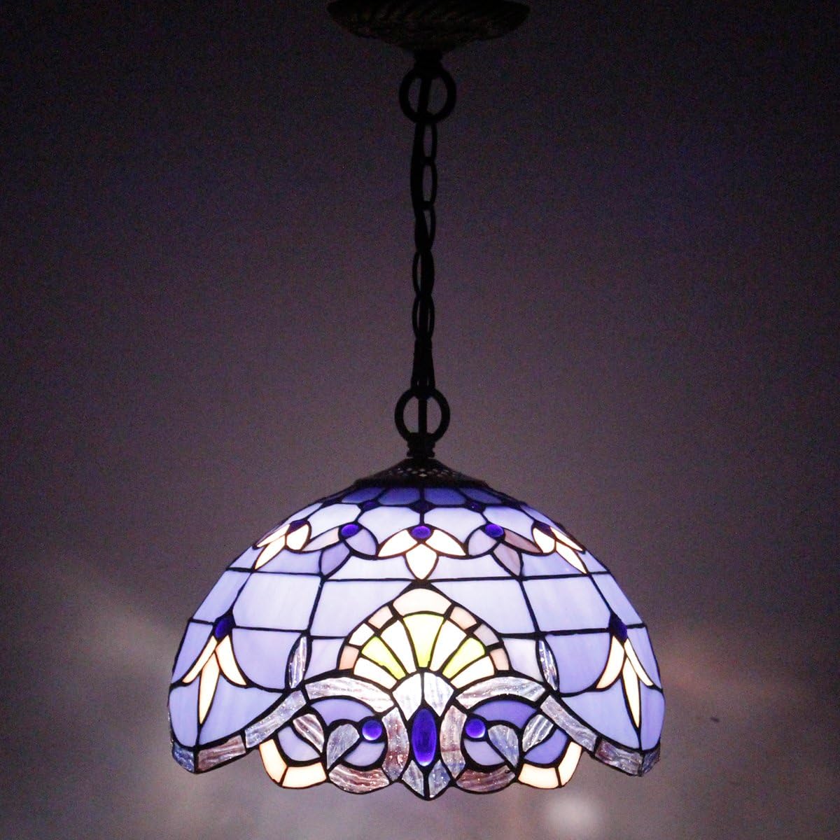 Tiffany Hanging Light W12H32 Inch Blue Purple Stained Glass Pendant lamp 1E26 Baroque Style S003C WERFACTORY Series Lamps Chandelier Ceiling Fixture Kitchen Island Bar Hallway Living Dining Room Loft - - 