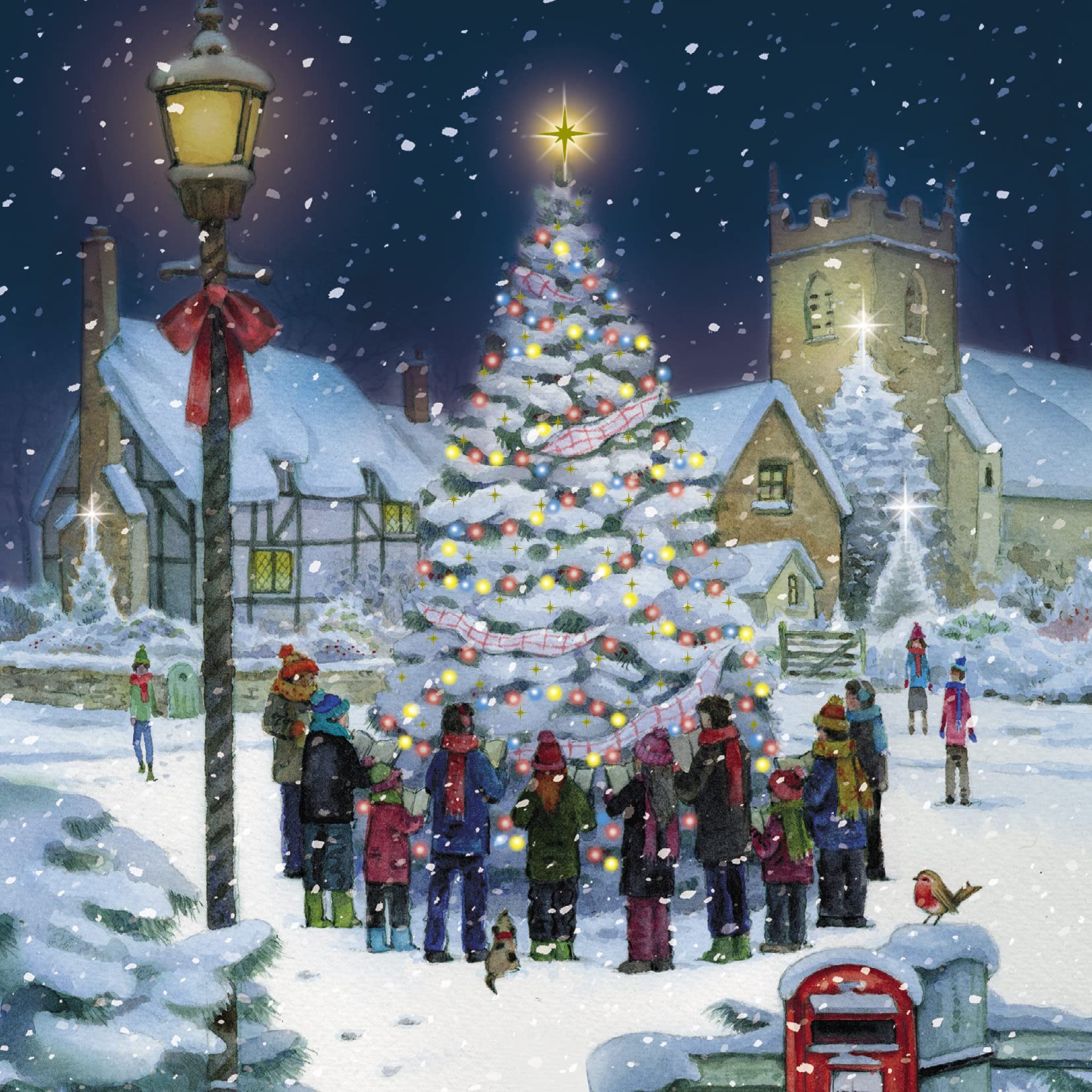 GBCC Charity Christmas Cards Pack of 6 - Festive Carols Around the Tree - Foil Finish - Premium Greeting Cards Multipack with Envelopes - Supporting UK Charities