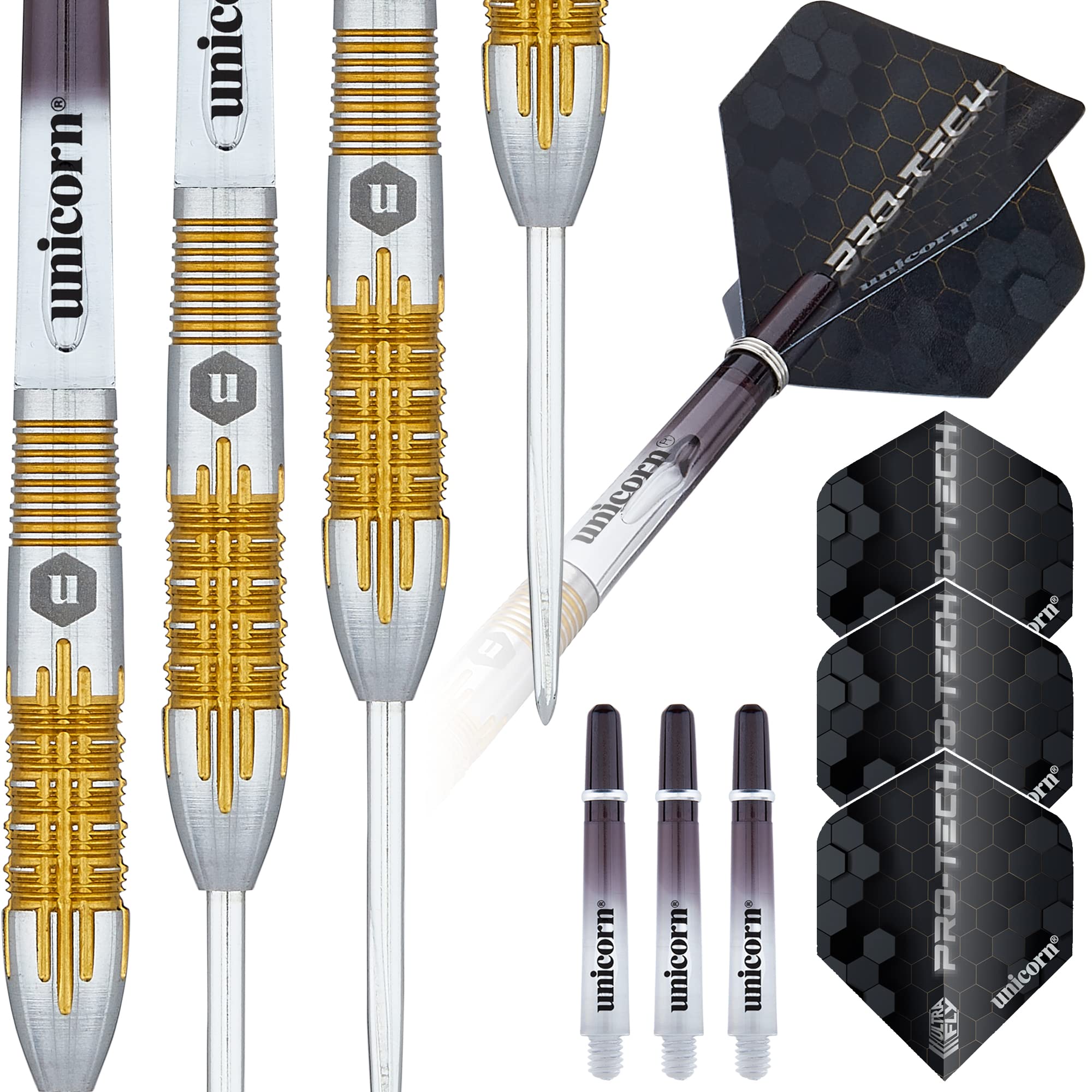 Unicorn Steel Tip Professional Darts Set | Pro-Tech Style 1 | 90% Natural Tungsten Barrels with Golden Accents & Volute Points | 20 g
