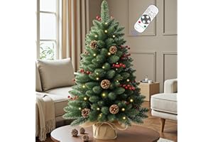 INSTREE CHRISTMAS 4ft Prelit Artificial Small Christmas Tree with Warm White Multi-Color LED Lights, Remote Control and Timer Operated, Metal Stand Red Berries & Pine Cone Slim Pencil Decoration for Indoor/Outdoor