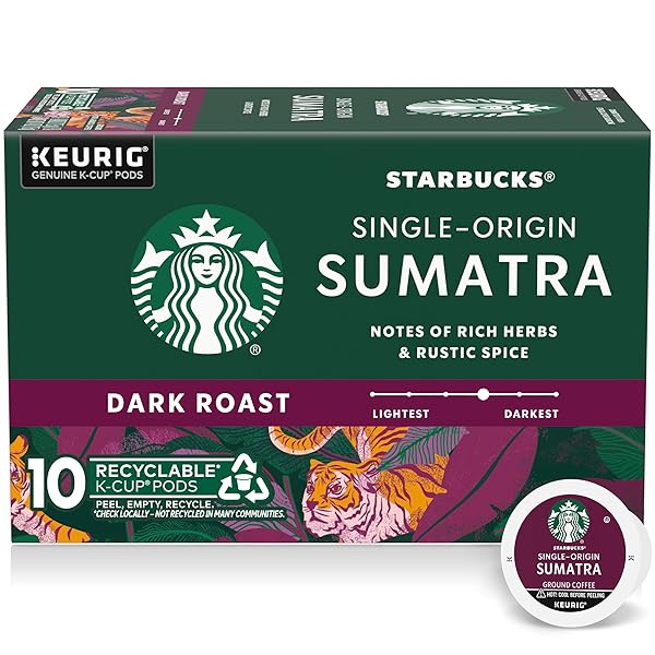 STARBUCKS K-CUP COFFEE PODS, DARK ROAST COFFEE, SUMATRA, 100% ARABICA, 1 BOX (10 PODS)