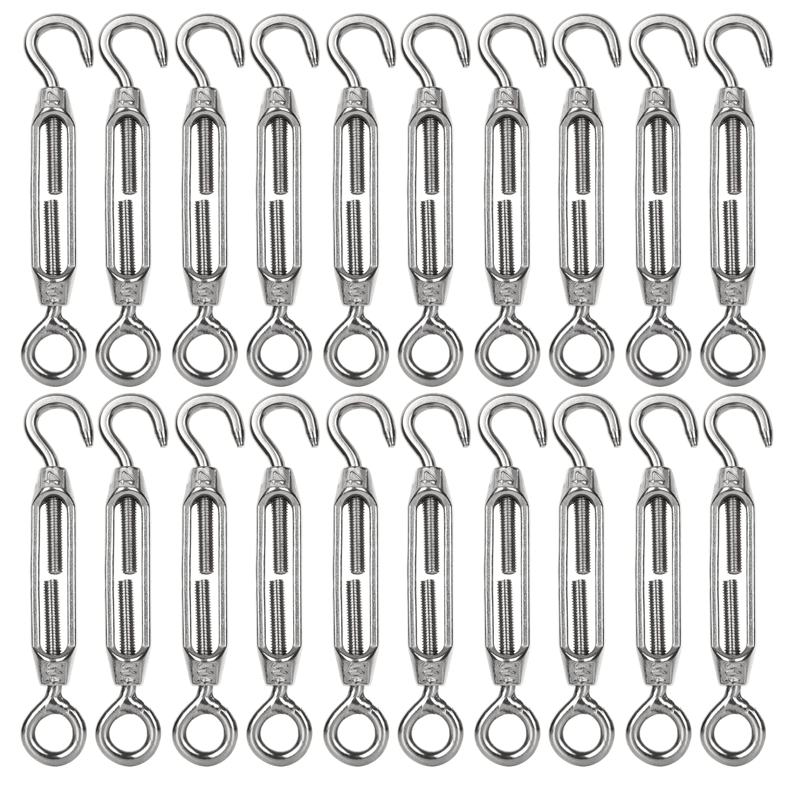 AHUNTTER 20PCS Turnbuckle Wire Tensioner M4 Heavy Duty 304 Hook & Eye Rope Cable Tension Set Adjustable Garden Wire Tensioner Kit for Clothesline Railing Decking Plants Fence - Silver