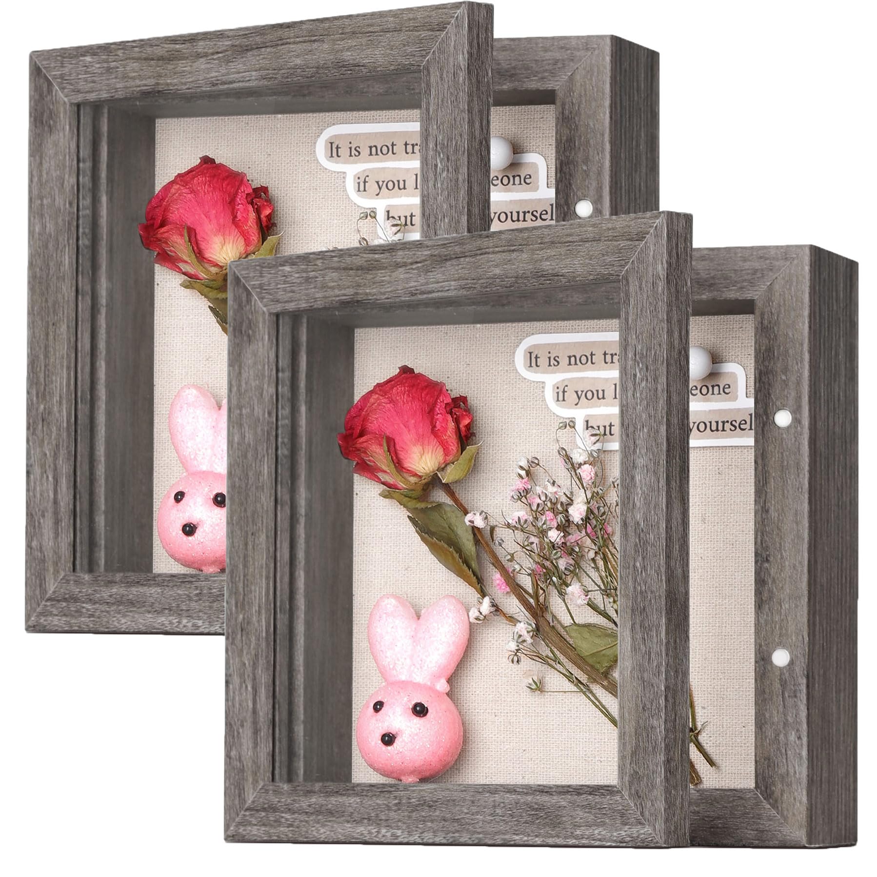 Photo 1 of 2 Packs 5x5 Shadow Box Frame with Linen Back - Sturdy Rustic Memory Display Case of Flower, Pictures, Medals and More, Rustic Gray