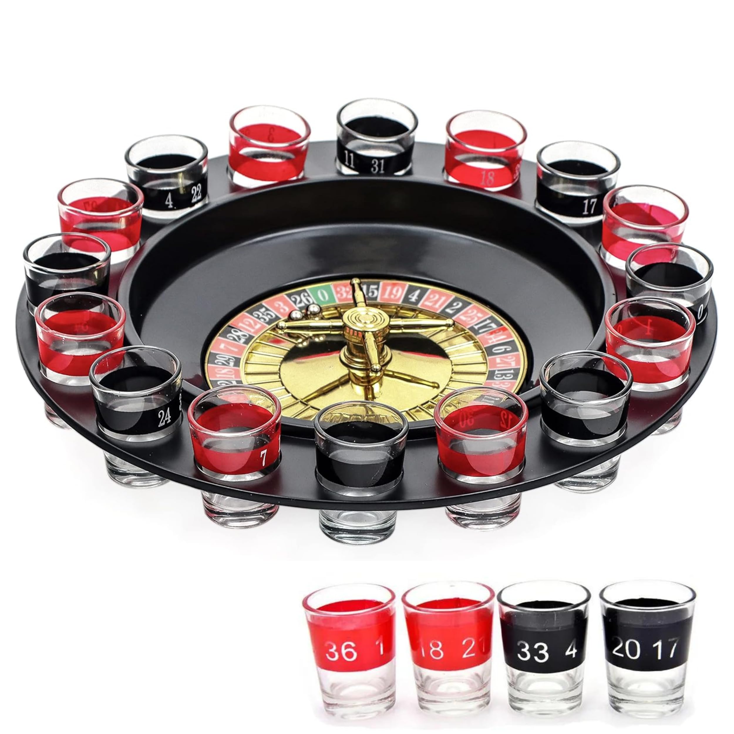 Glamified Drinking Games Party Fun with Roulette -16 Numbered Black and Red Glasses - Durable Roulette Spinning Game Set with Secure Packaging and 2 Metal Balls