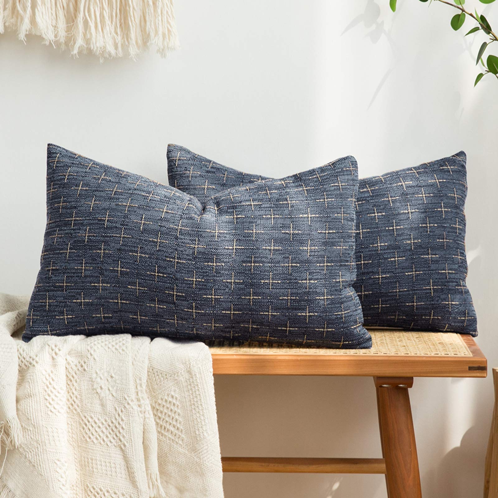 Photo 1 of MIULEE Pack of 2 Decorative Burlap Linen Outdoor Throw Pillow Covers Modern Farmhouse Vintage Pillowcase Rustic Woven Textured Cushion Cover for Sofa Couch Bed 12x20 Inch Blue