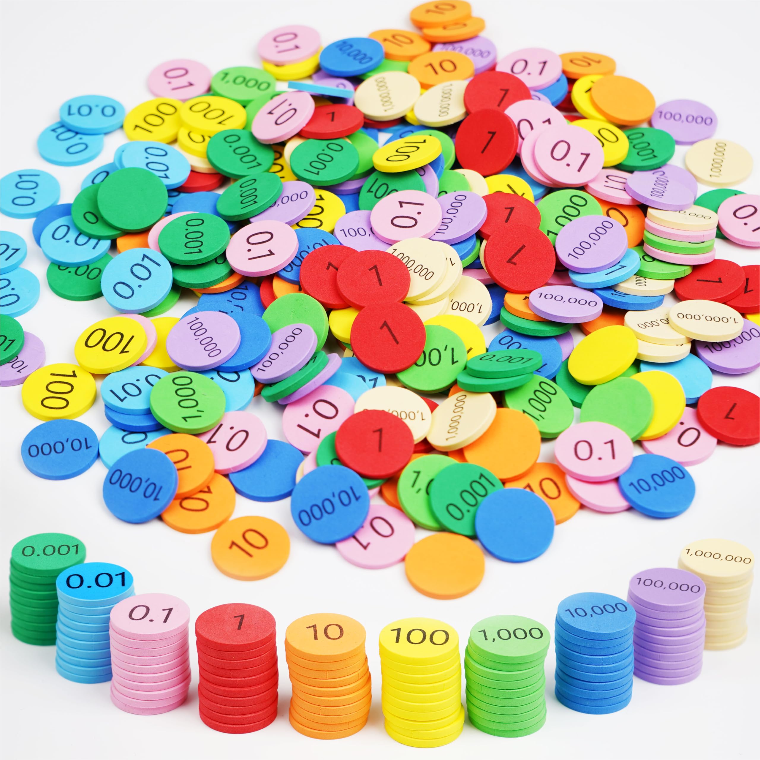 Photo 1 of Hebayy 250 PCS EVA Place Value Disks, 10 Values Counting Chips Color-Coded Soft Place Value Chips Decimals to Whole Numbers Counting Chips Early Math Learning for Elementary School