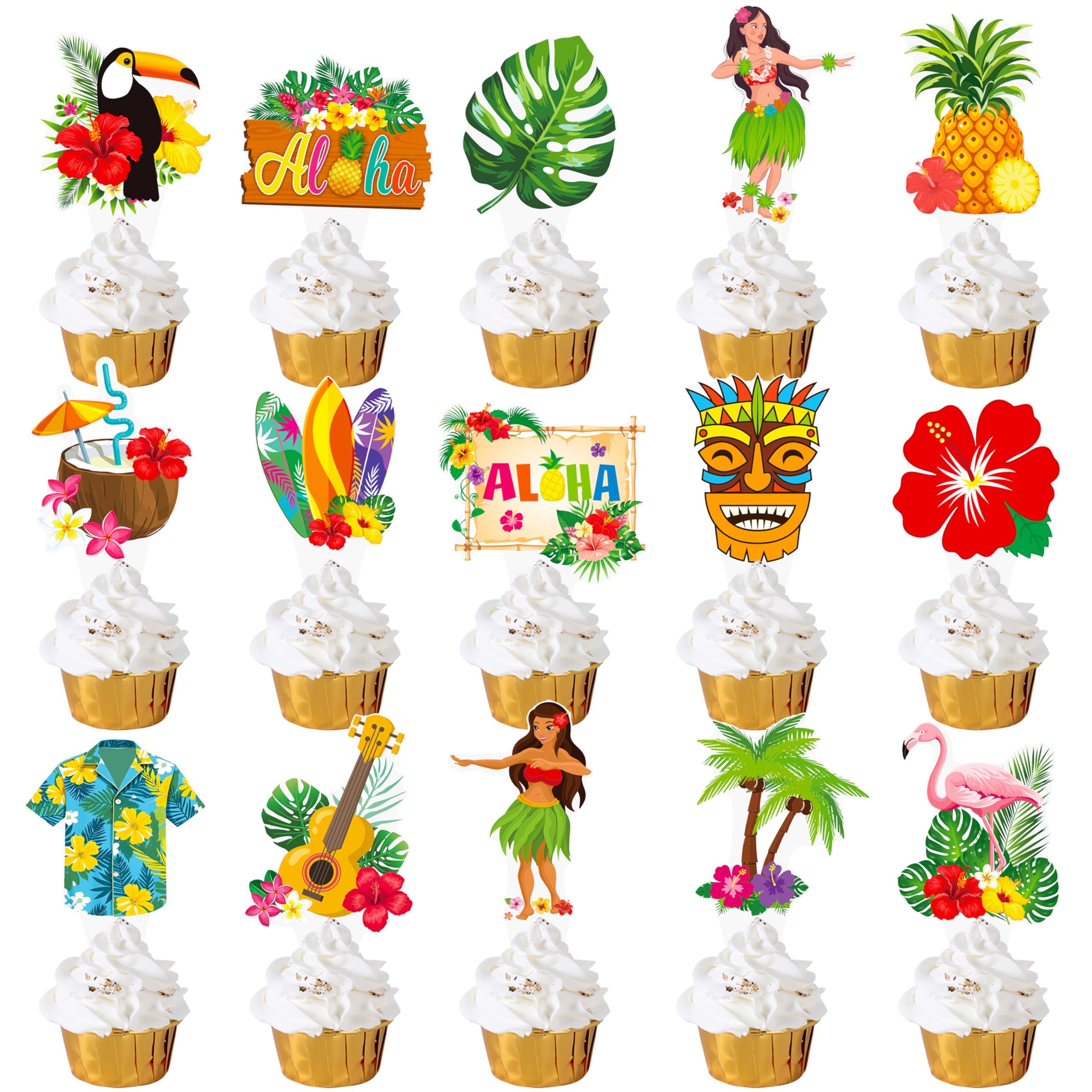 Photo 1 of Hawaii Luau Party Cupcake Toppers Hawaiian Birthday Party Decorations Tropical Aloha Tiki Theme Party Cake Cupcake Decorations for Hawaii Summer Theme Baby Shower Supplies